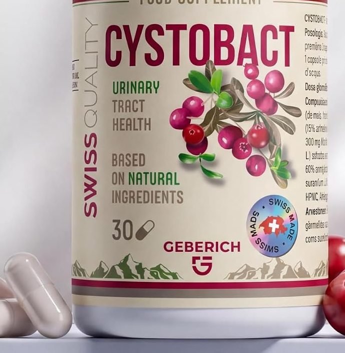 Étiquette du flacon Cystobact : complément alimentaire de 30 gélules, qualité suisse, marque Geberich