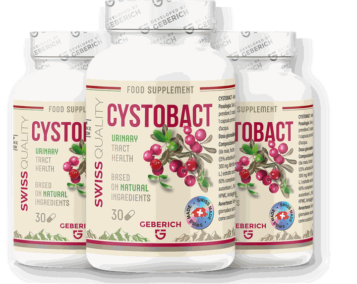 Présentation de trois flacons de Cystobact de 30 gélules